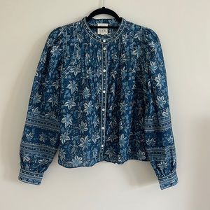 Sézane x Sea NY Mariana Shirt - Linen Print Blouse with Pleated Front, Size 36